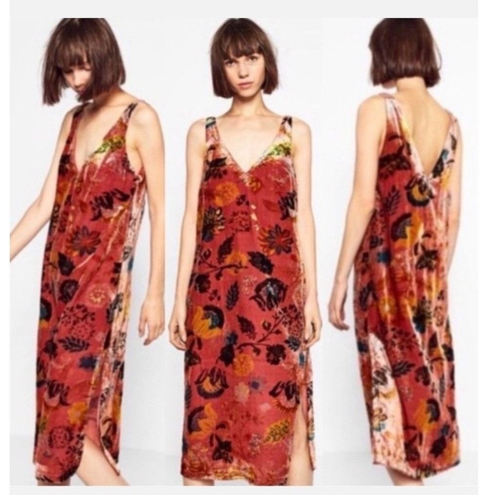 Zara Dress Burnout Velvet Floral Midi Small Red Sleeveless Whimsy Wildflower